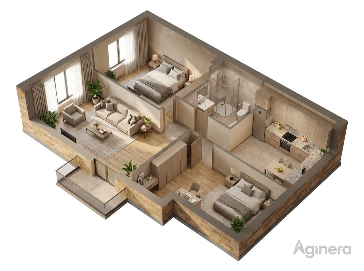 Wohnungsmodell mit Holzboden und umlaufendem Balkon, aus einem 2D-Grundriss.