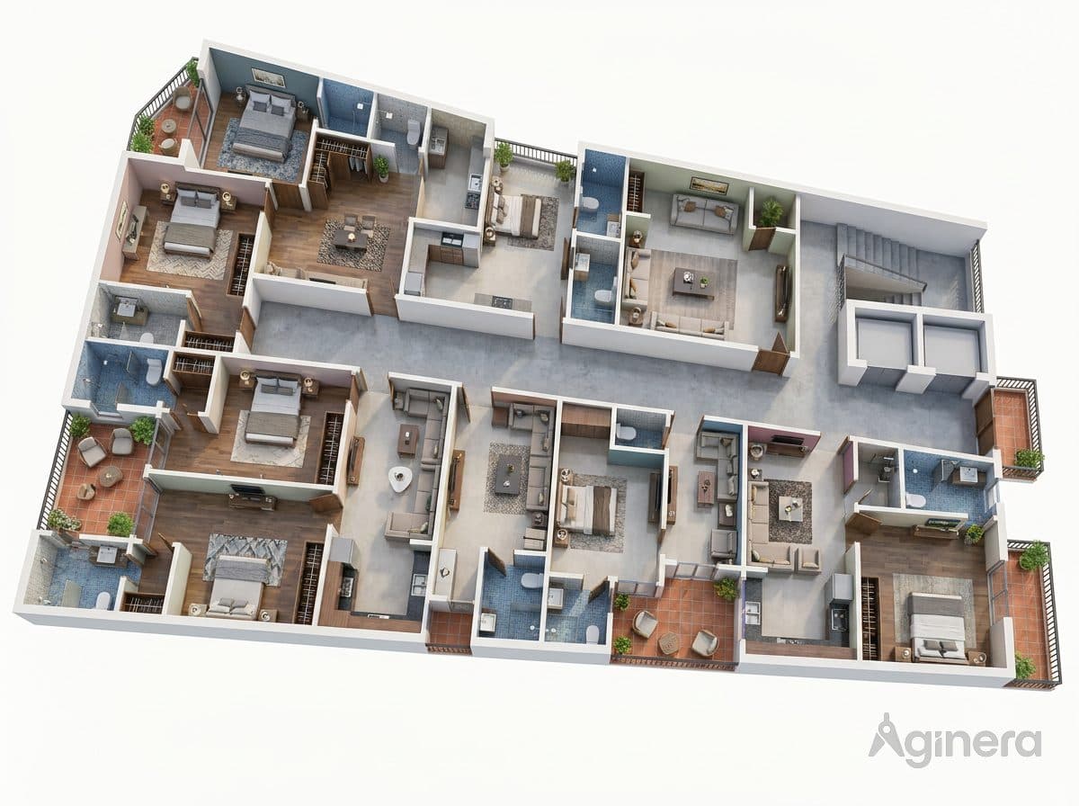 Courtyard home under a blue roof — furnished dollhouse cutaway generated from the floor plan