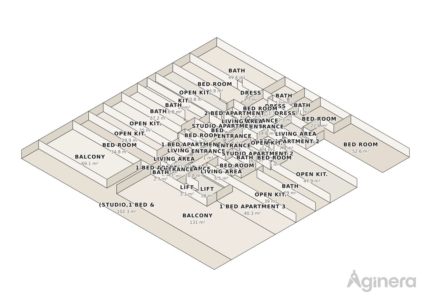 Courtyard home under a blue roof — projected 3D model of the traced geometry