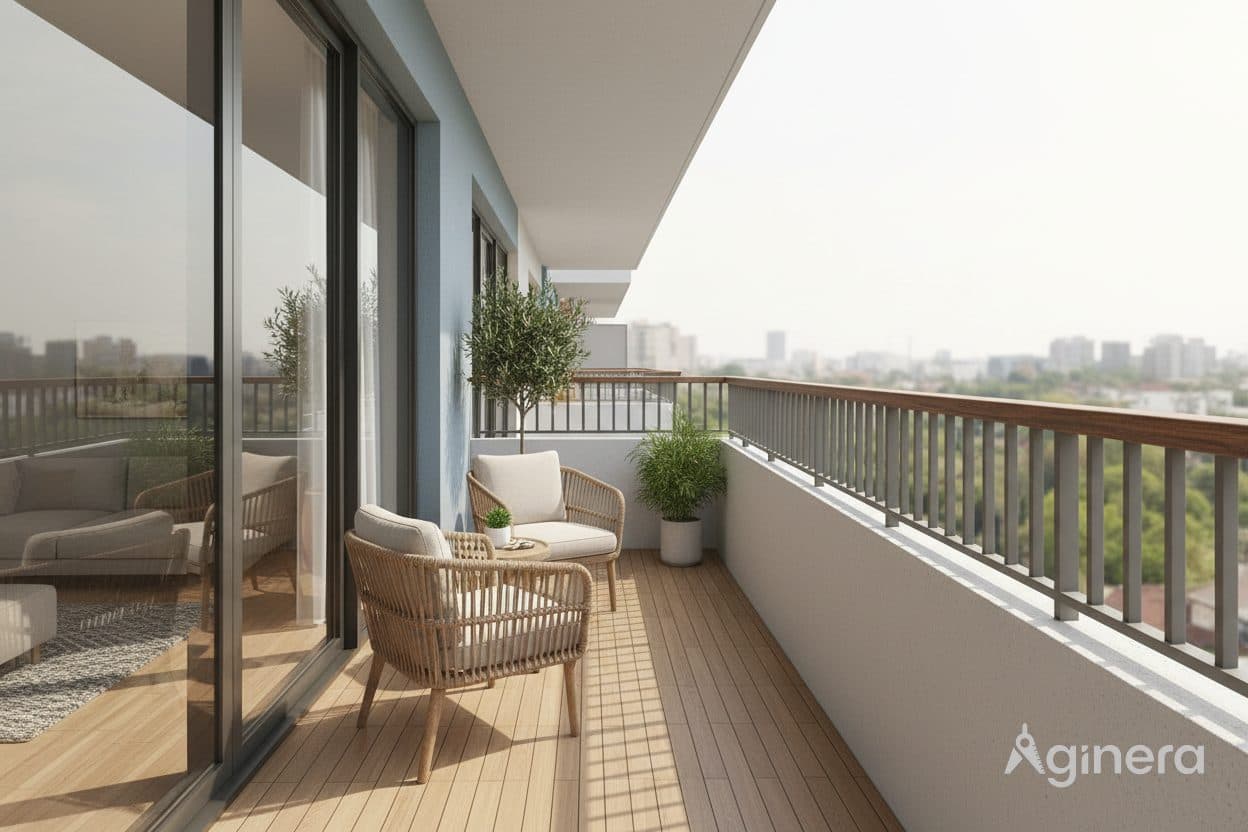 Balkon mit Skyline-Blick, aus einem Wohnungsgrundriss generiert.