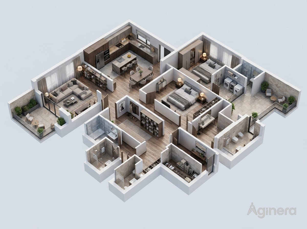 Möbliertes Schnittmodell einer kompakten Residenz, aus einem Grundriss generiert.