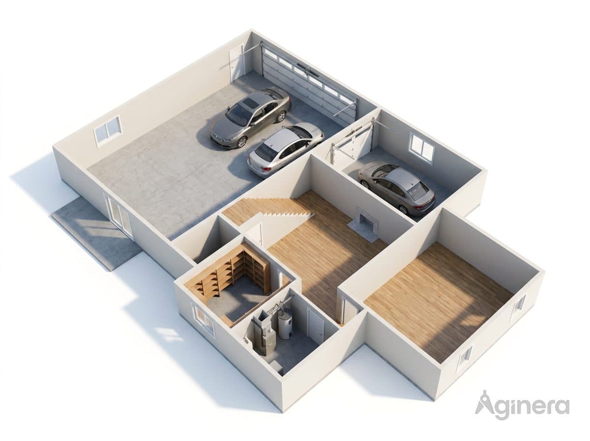 Home with double garage — furnished dollhouse cutaway generated from the floor plan