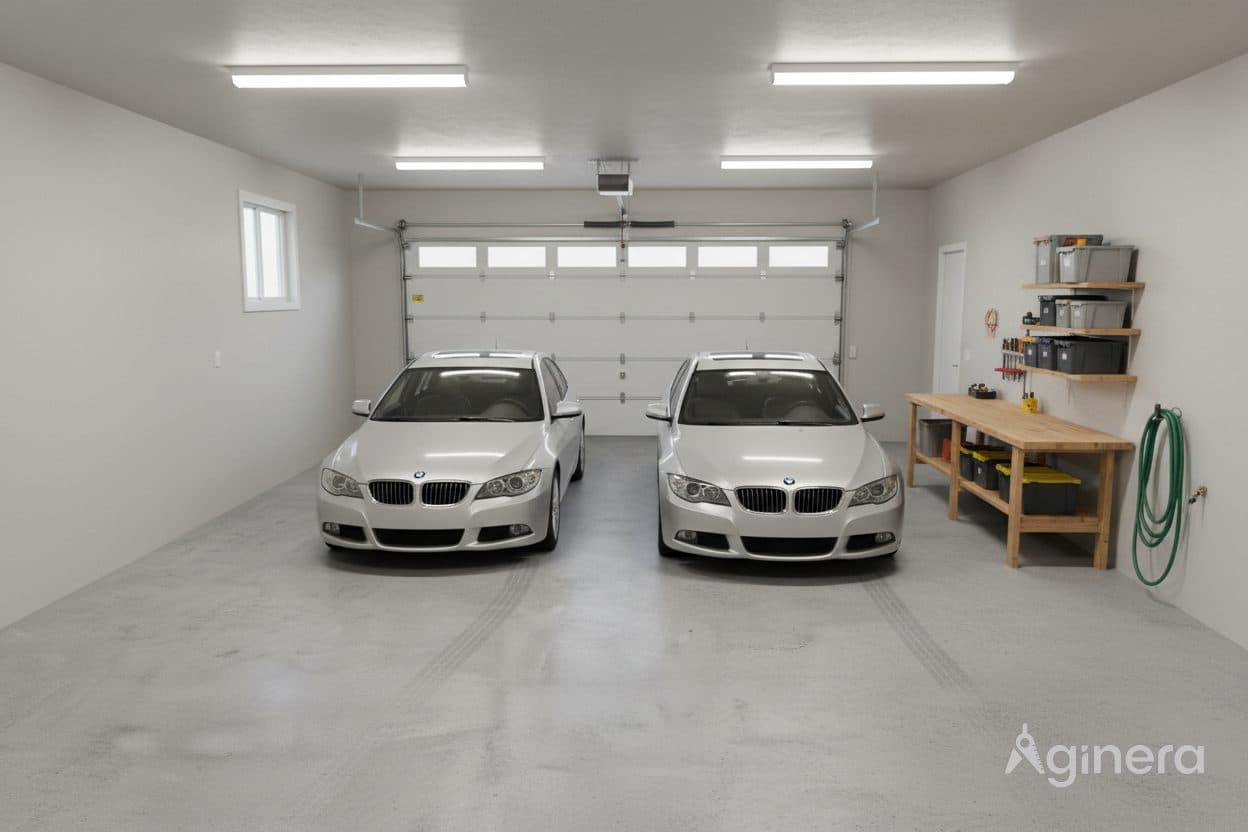 Garage mit Werkbank und zwei Stellplätzen, aus dem Grundriss generiert.