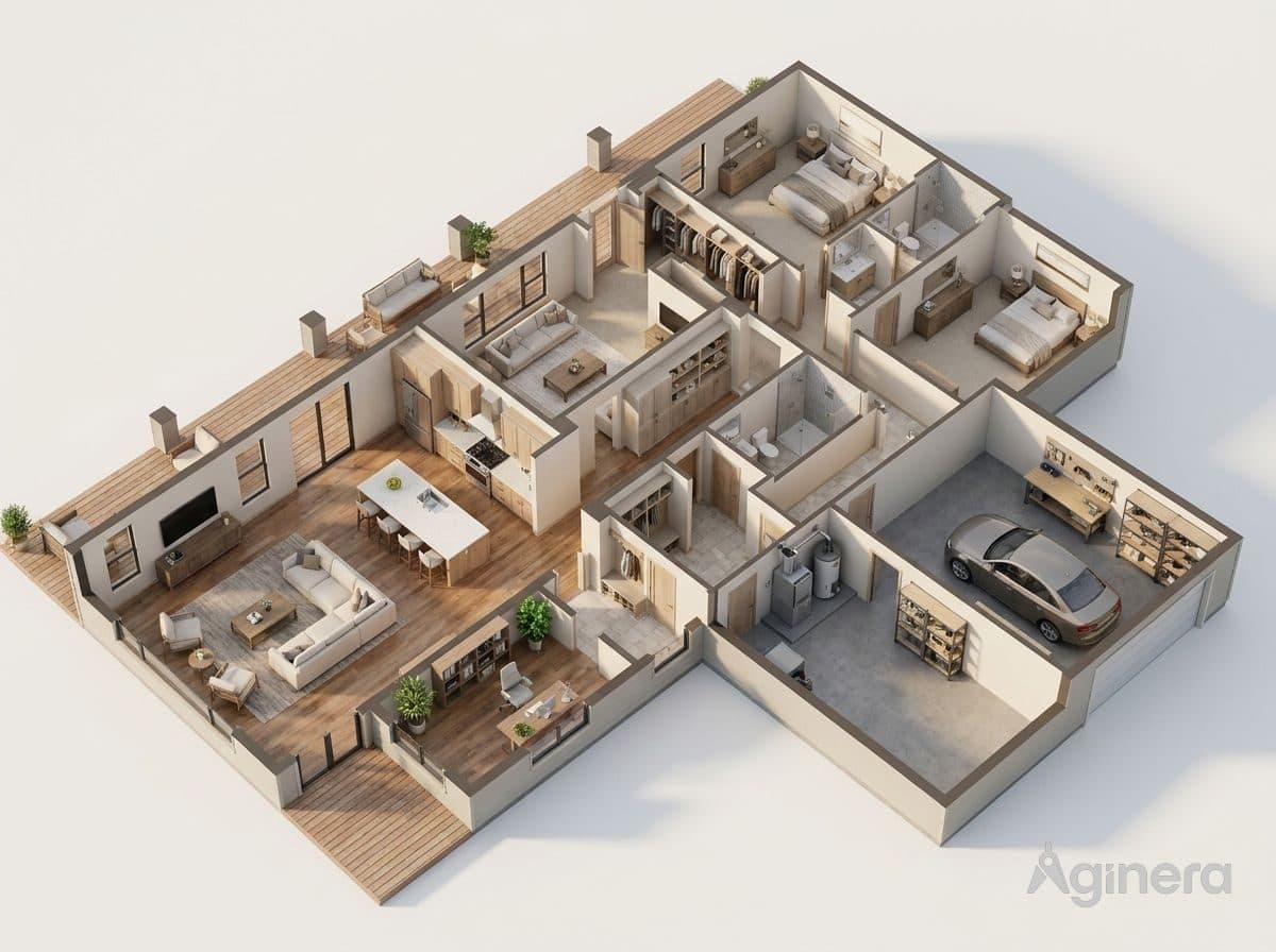 Möbliertes Schnittmodell, aus einem Wohnungsgrundriss generiert.
