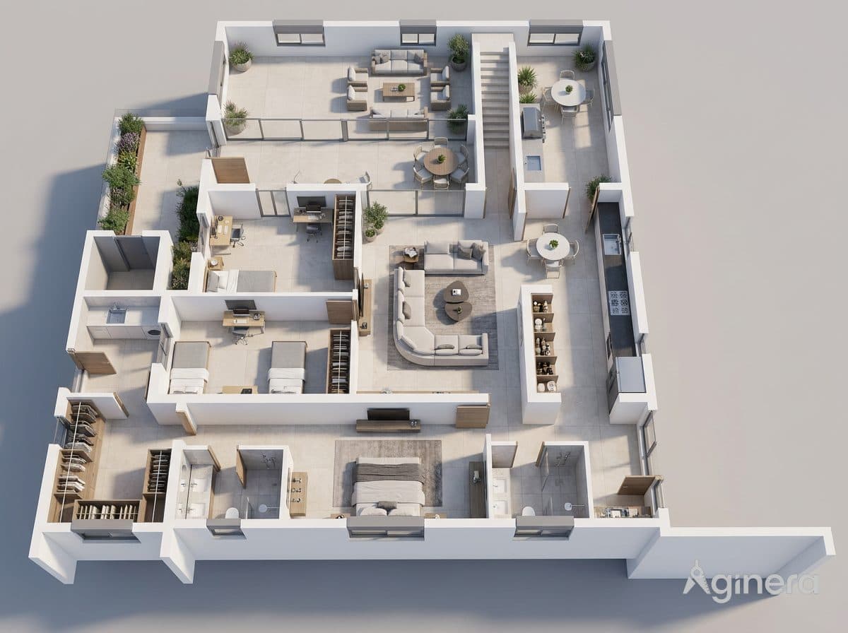 Möbliertes Puppenhaus-Modell einer Mehrzimmerwohnung, aus einem 2D-Grundriss generiert.