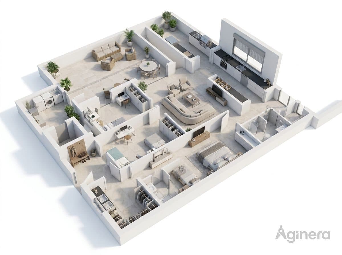 Great-room home — furnished dollhouse cutaway generated from the floor plan