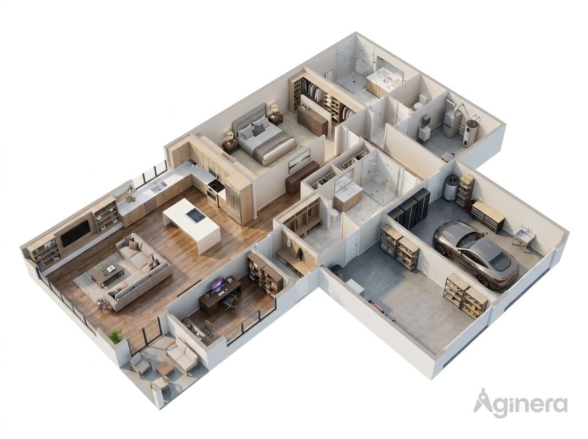 Light-timber kitchen home — furnished dollhouse cutaway generated from the floor plan