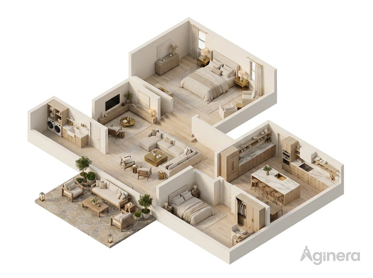 Soft-lit bedroom home — furnished dollhouse cutaway generated from the floor plan