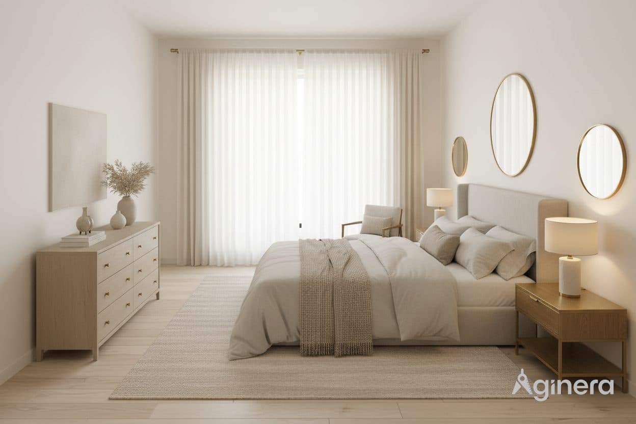 Sanft beleuchtetes Schlafzimmer mit runden Spiegeln, aus dem Grundriss generiert.
