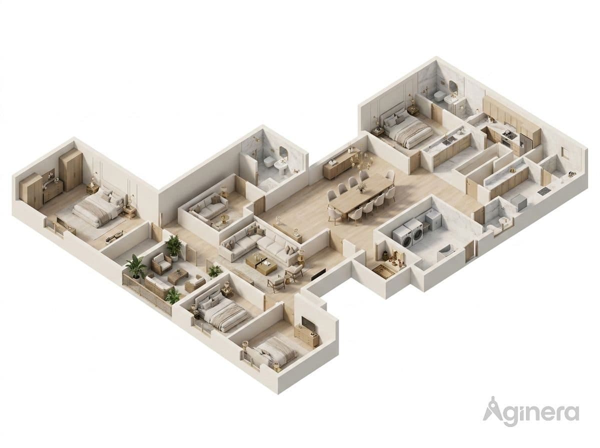 Panelled dining home — furnished dollhouse cutaway generated from the floor plan