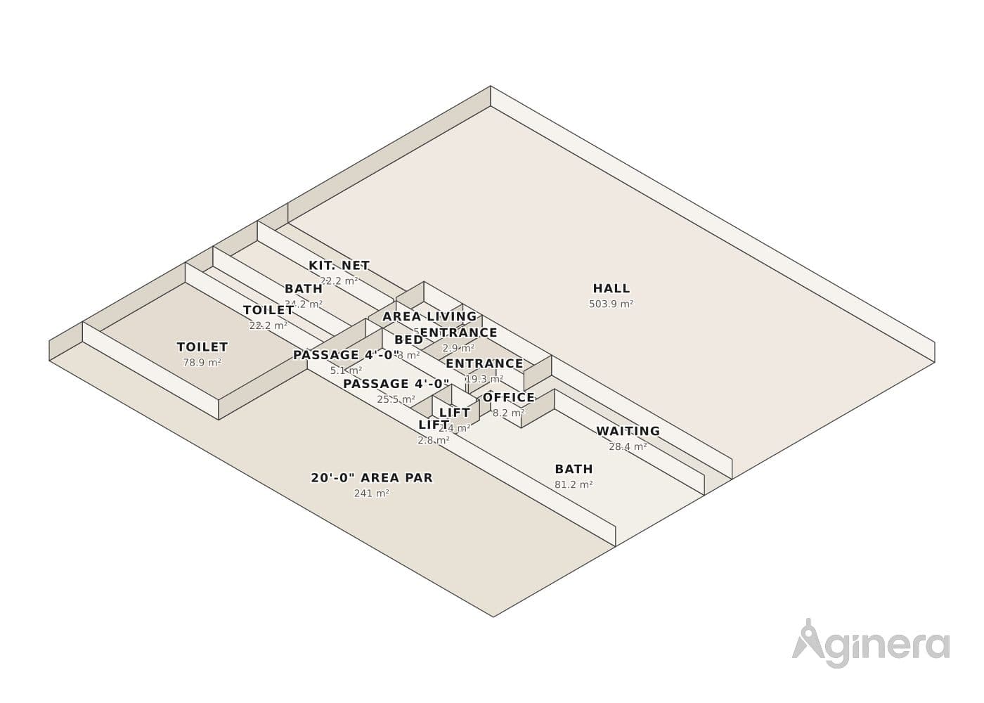 Basement parking level — projected 3D model of the traced geometry