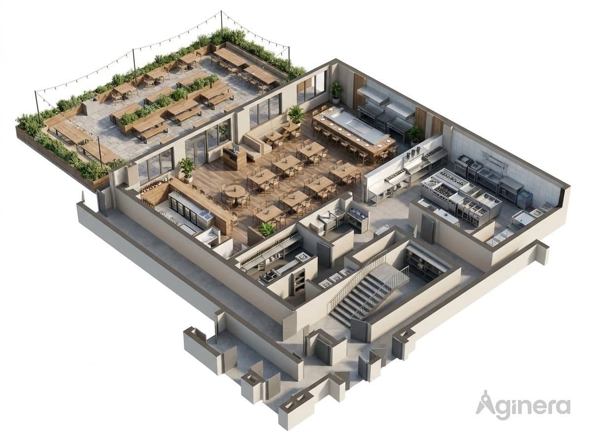 Restaurant with rooftop terrace — furnished dollhouse cutaway generated from the floor plan