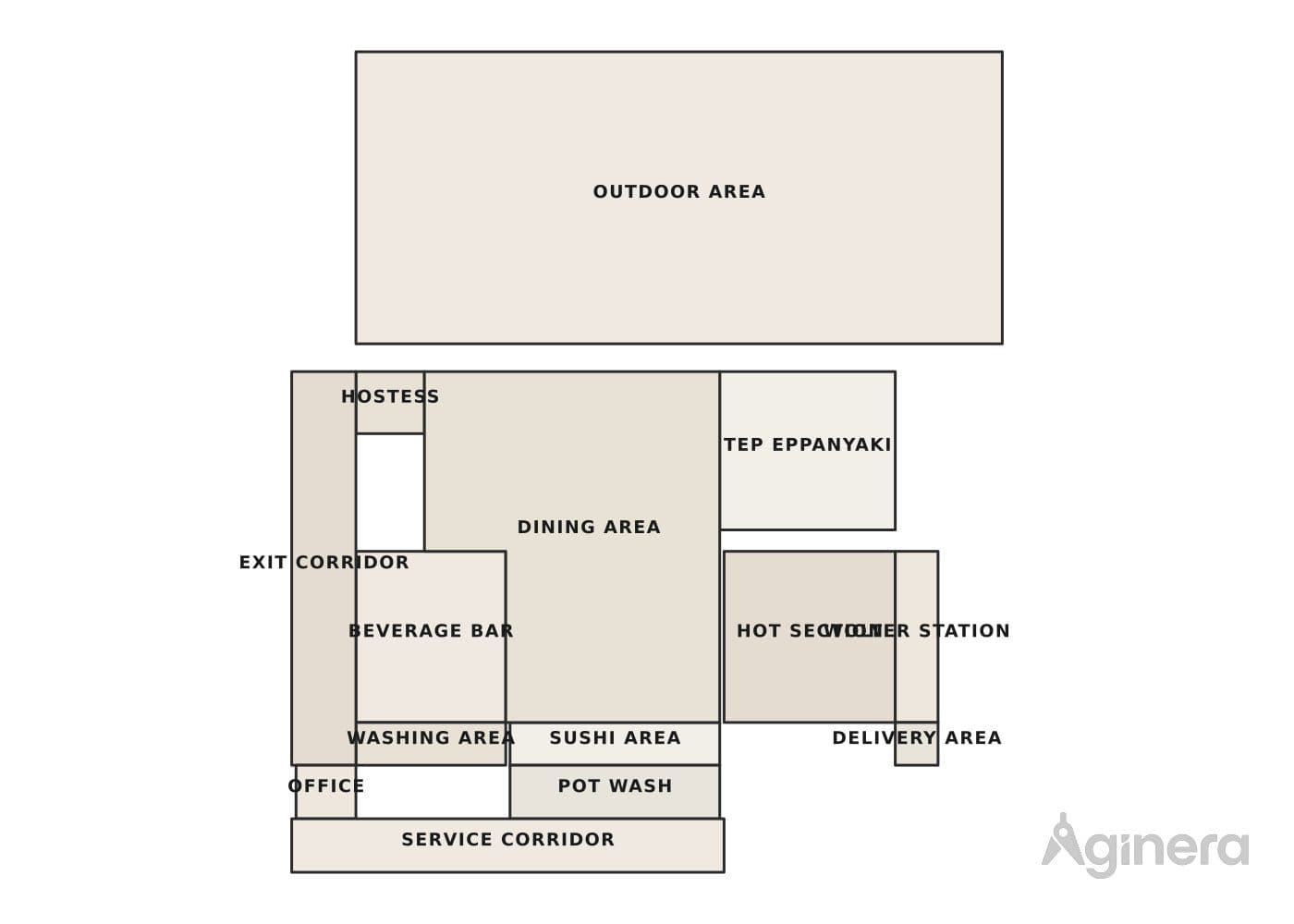 Restaurant with rooftop terrace — coloured floor-plan plate generated from the drawing