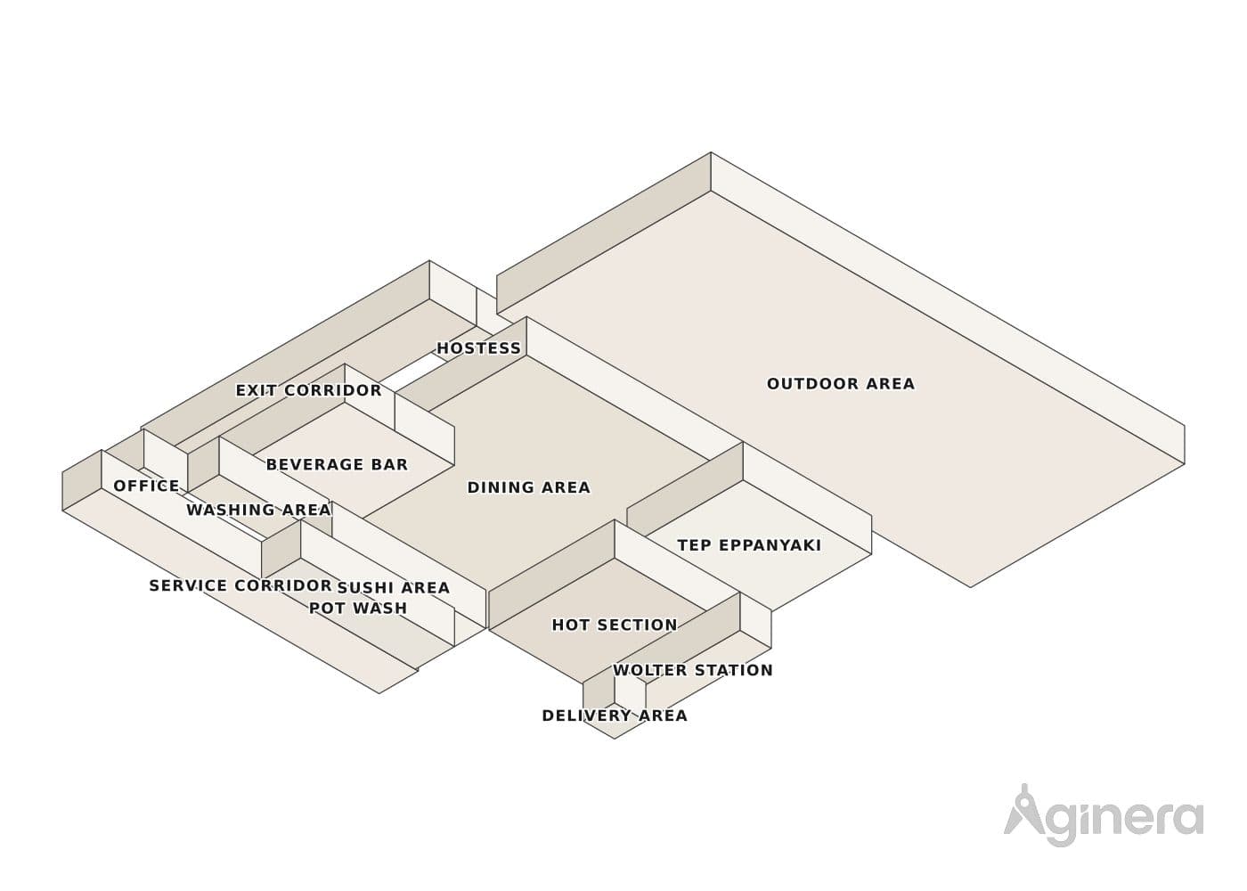 Restaurant with rooftop terrace — projected 3D model of the traced geometry