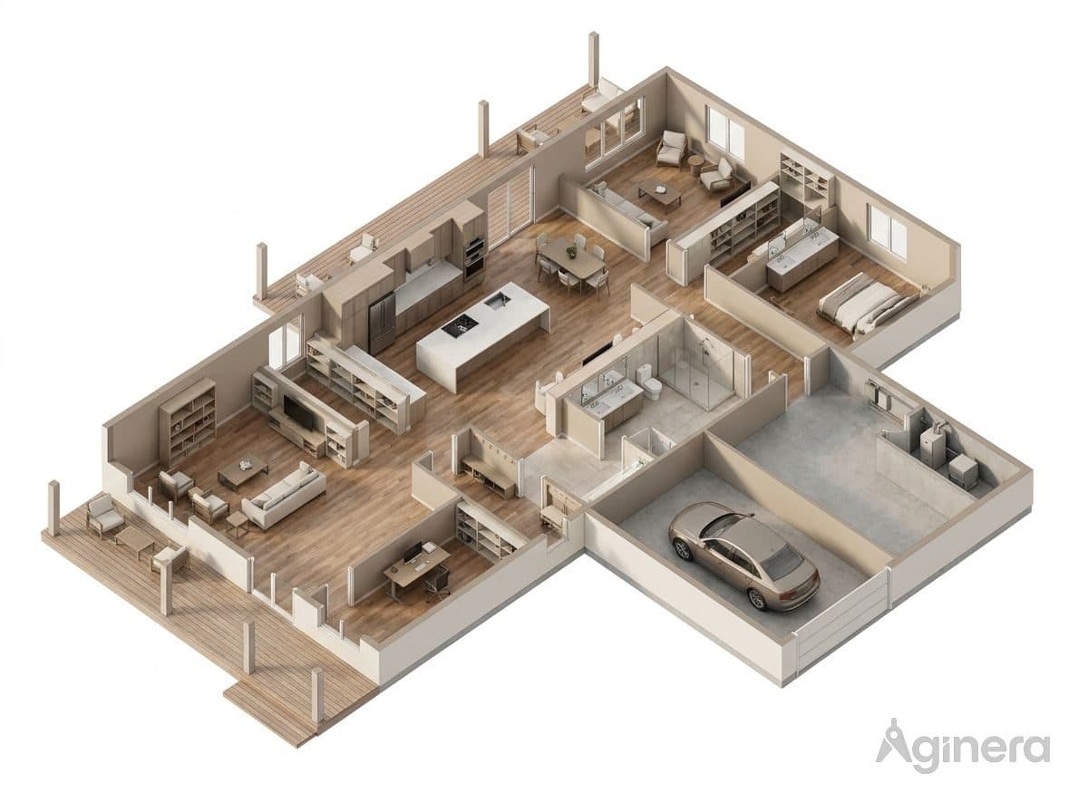 Single-storey home with garage — furnished dollhouse cutaway generated from the floor plan