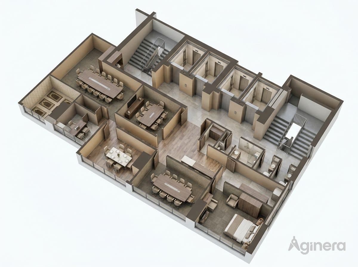 Dichtes Mehrzimmer-Modell mit Treppenverbindungen, aus dem Plansatz generiert.