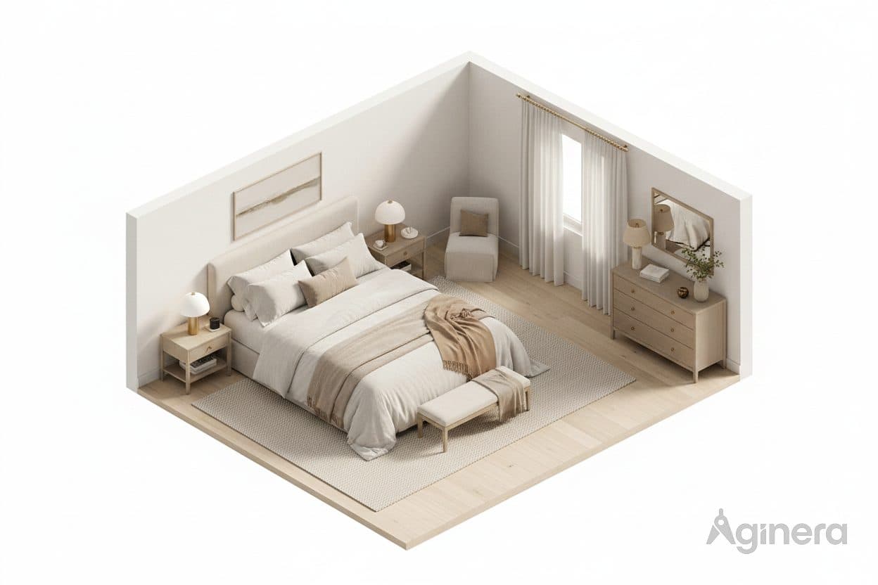 Ein-Raum-Schnittmodell mit möbliertem Schlafzimmer, aus dem Grundriss generiert.
