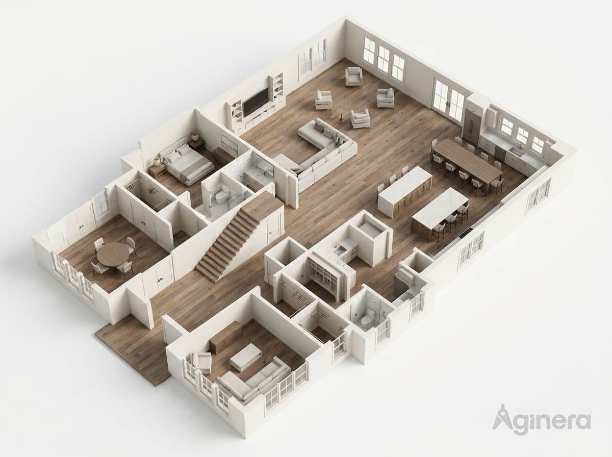 Timber family home — furnished dollhouse cutaway generated from the floor plan