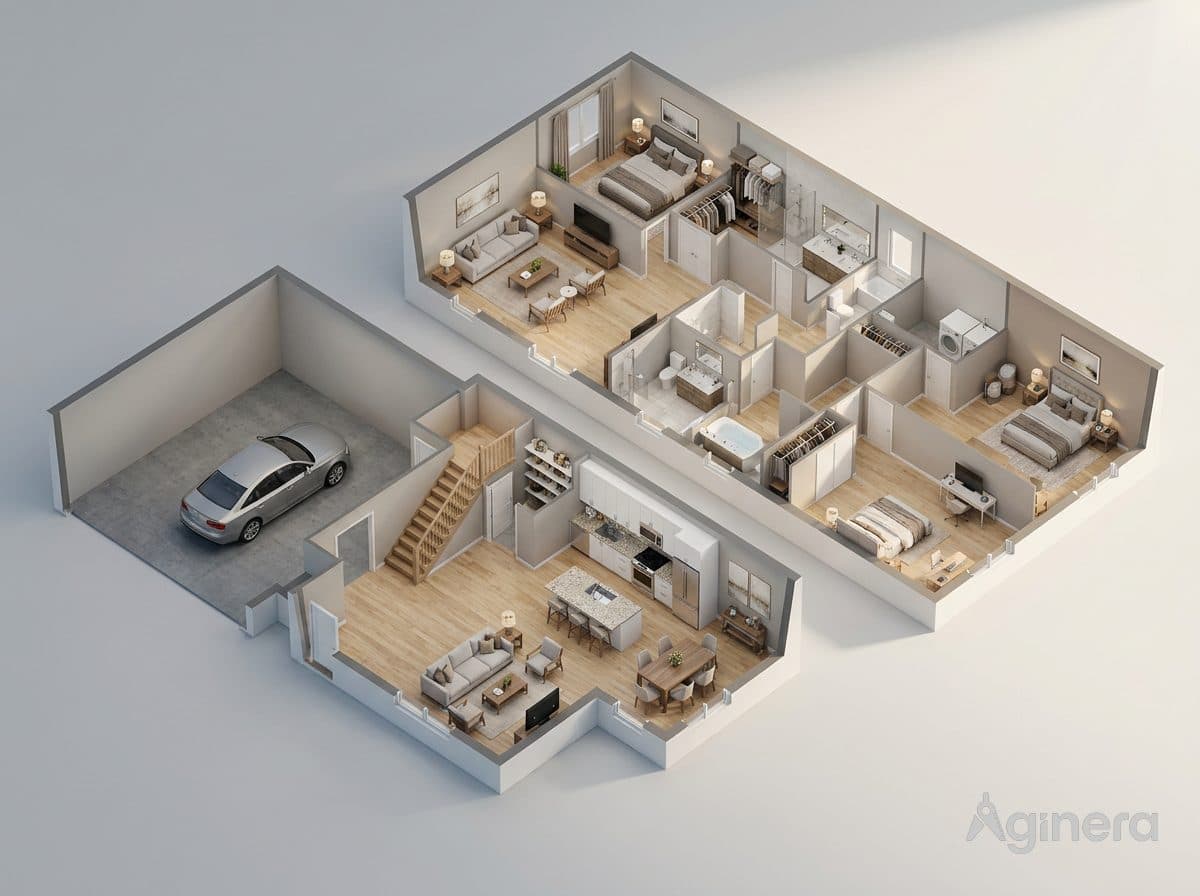 Two-storey home with carport — furnished dollhouse cutaway generated from the floor plan