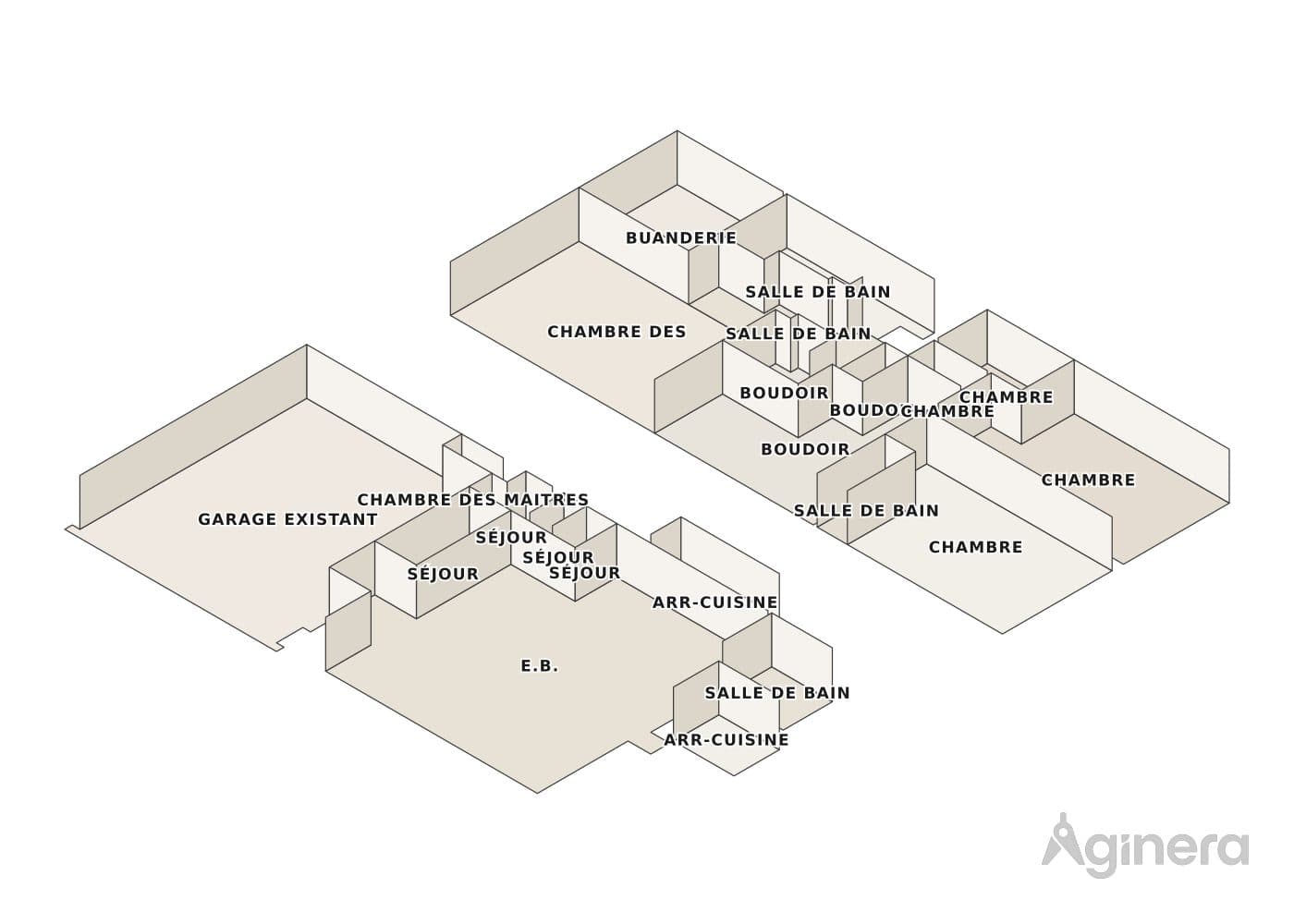 Two-storey home with carport — projected 3D model of the traced geometry