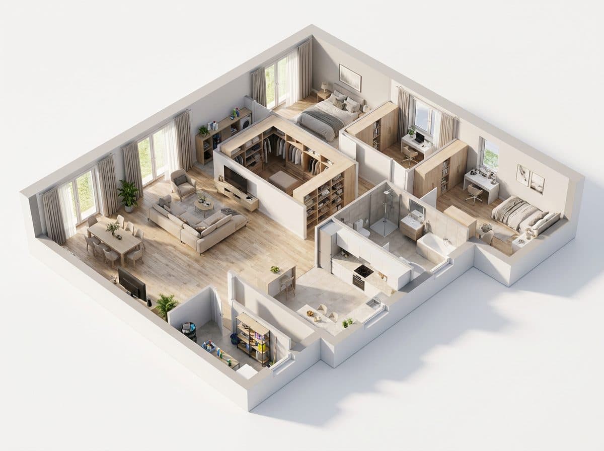 Möbliertes Schnittmodell eines zweiflügeligen Hauses, aus einem 2D-Grundriss generiert.