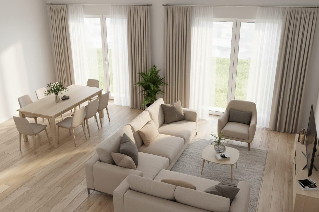 Wohn- und Esszimmer in Neutraltönen, aus einem echten Grundriss generiert.