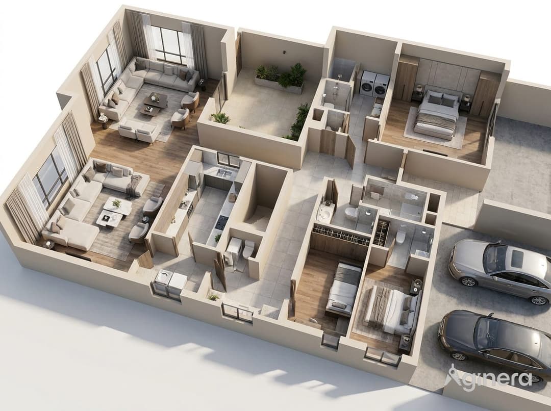 Dollhouse reveal of a large villa including cars on the drive, generated from the plan set.