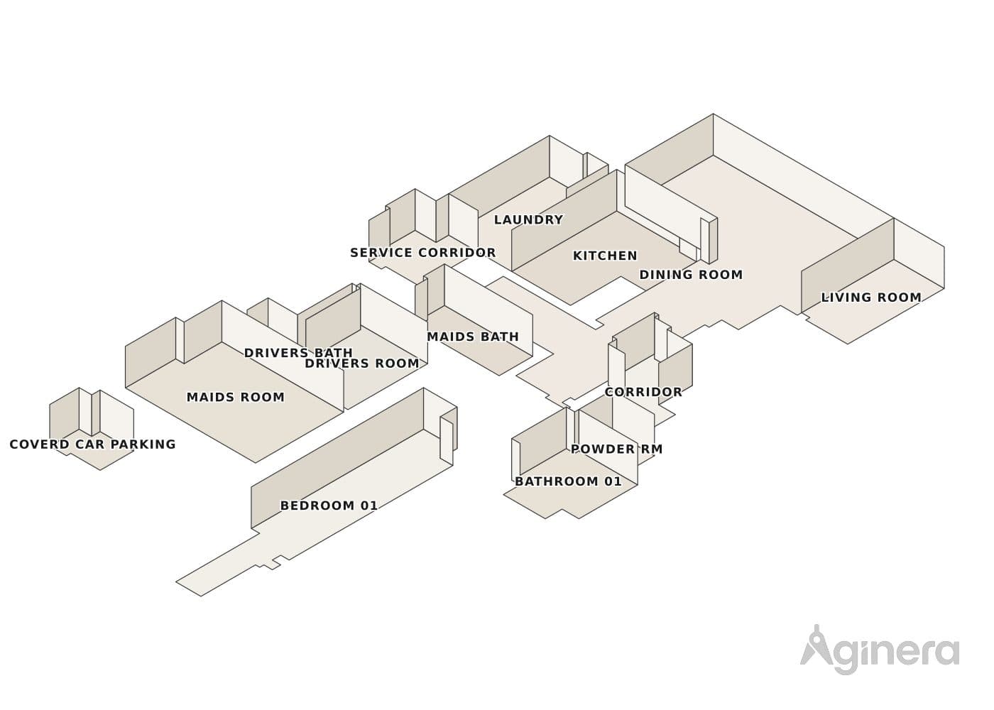 Villa with driveway — projected 3D model of the traced geometry