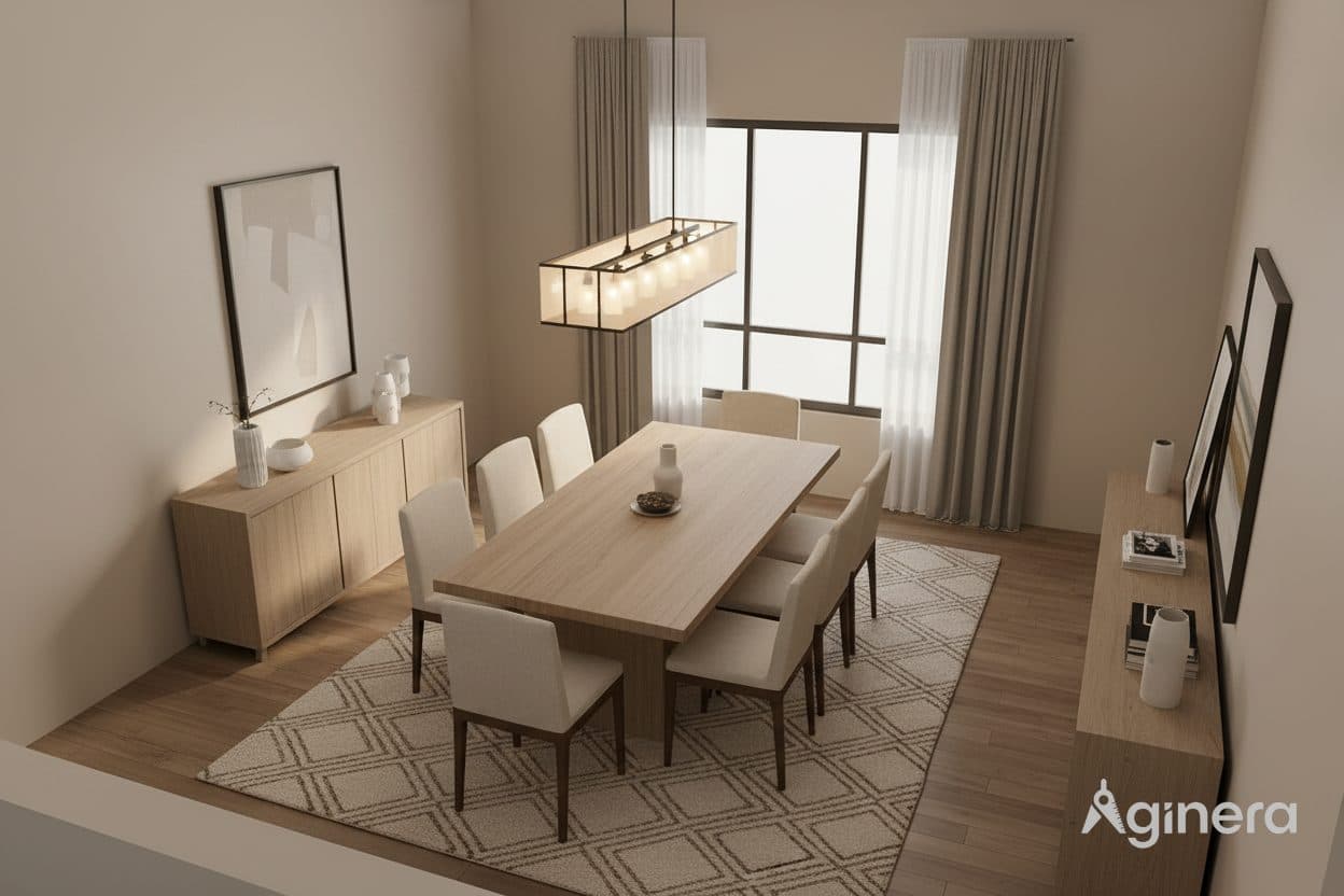 Esszimmer mit Polsterstühlen und Pendelleuchte, aus dem Grundriss generiert.