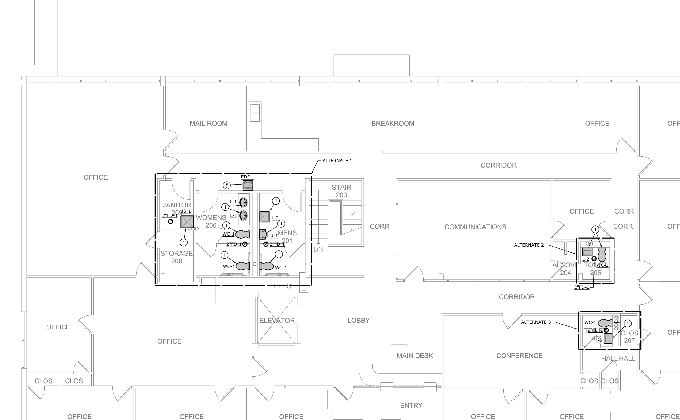 Plumbing plan level 2 (P-101): restrooms boxed as Alternates 1–3, fixtures tagged WC-1, L-1, L-2, U-1, JS-1, FD-1, EDF-1