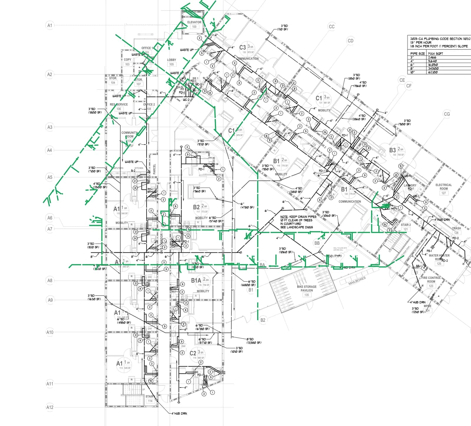 AI plumbing takeoff: underground DWV piping runs traced in green on a real multifamily plumbing plan — 125 runs, 1,240 linear feet on this sheet