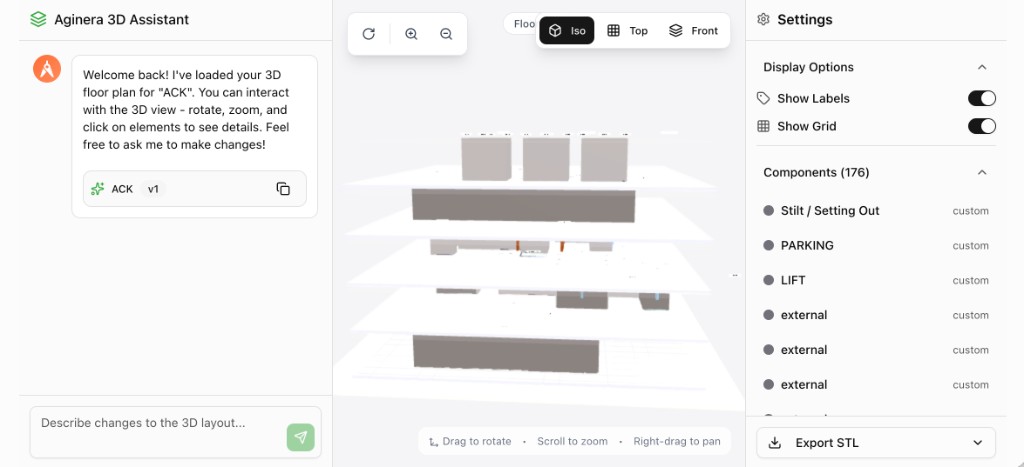 AI-generated 3D model from a 2D floor plan showing walls, rooms, and structural elements