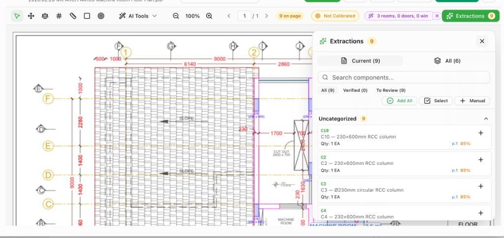 Structural extraction from a 2D plan showing detected columns, beams, and grid references
