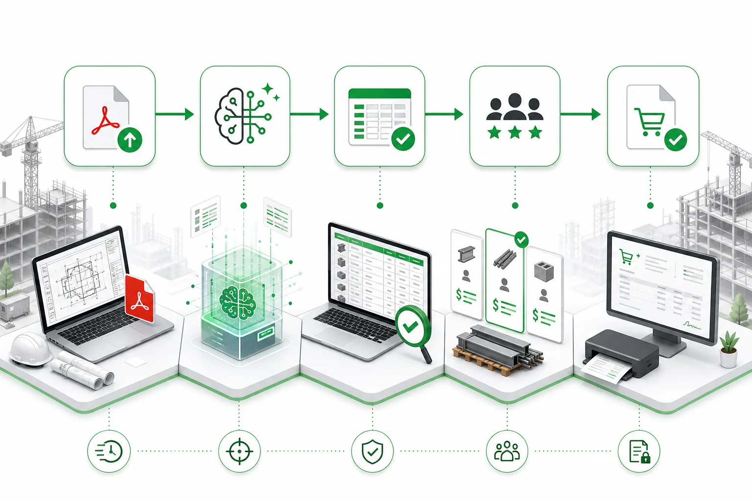 Takeoff-to-transaction workflow from PDF upload through AI extraction to purchase order