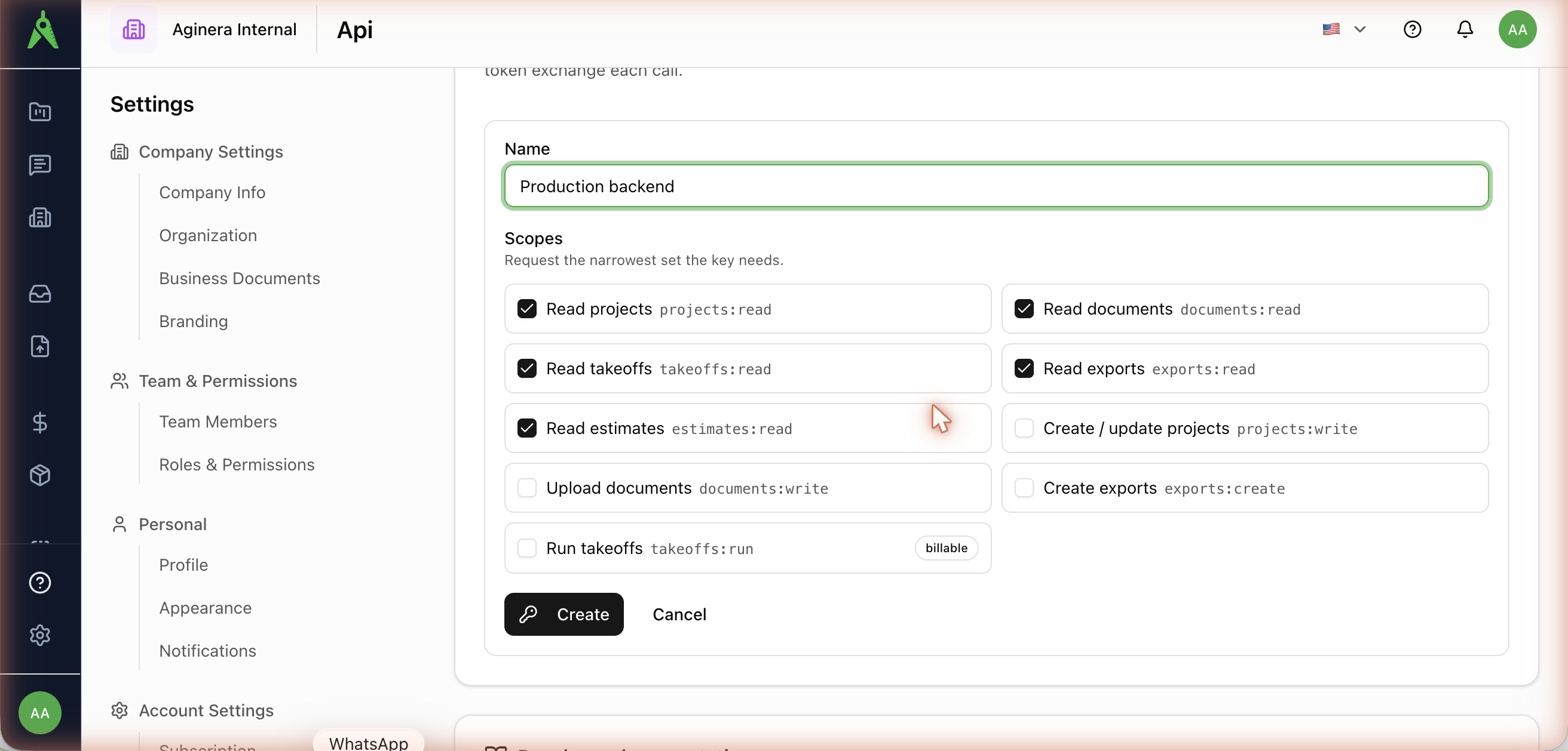 The Create API key form in Settings → API — name the key and choose its scopes