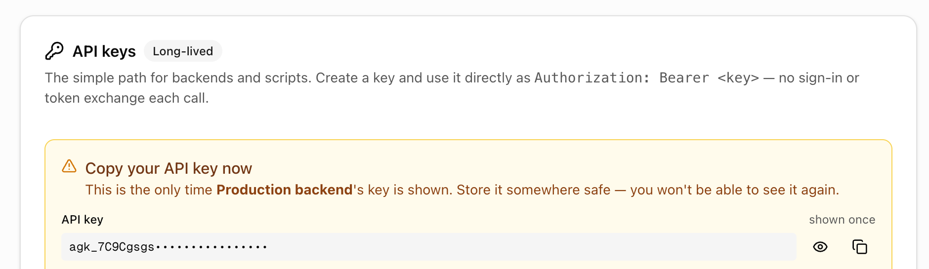 The new API key, shown once, with a copy button and a ready-to-run curl