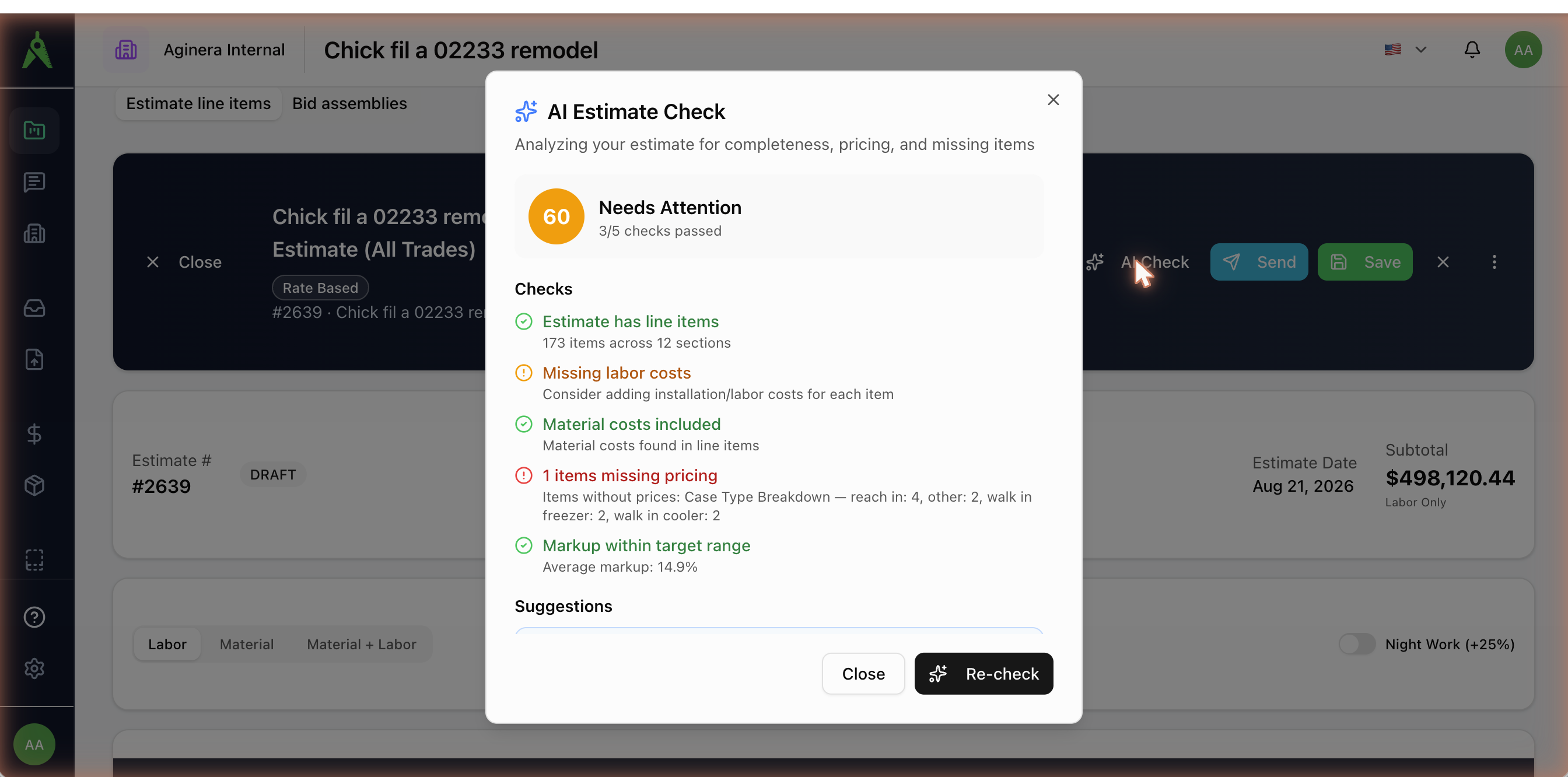 The AI Estimate Check dialog