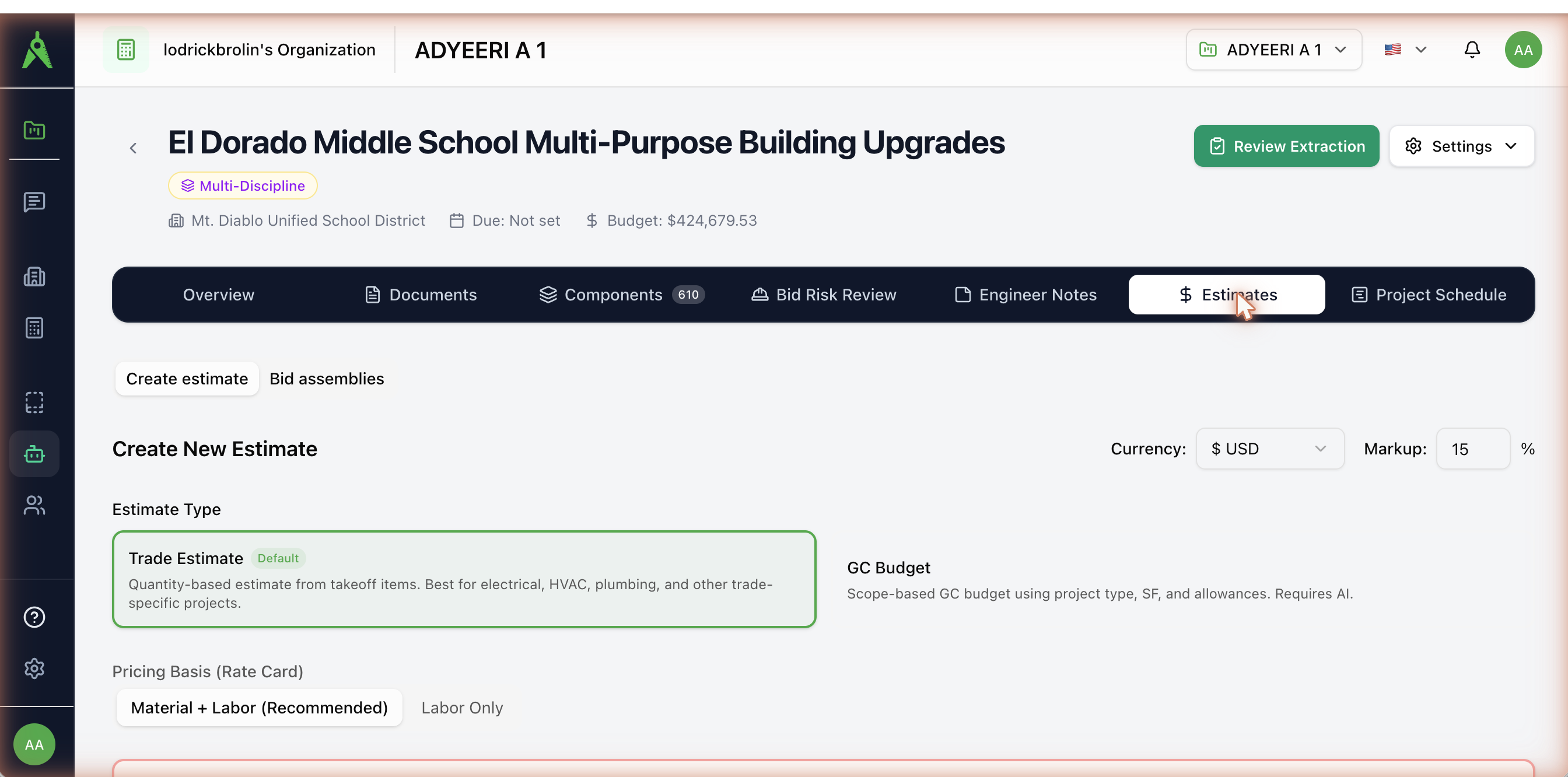 The Create New Estimate screen — estimate type, rate-card basis, currency, markup