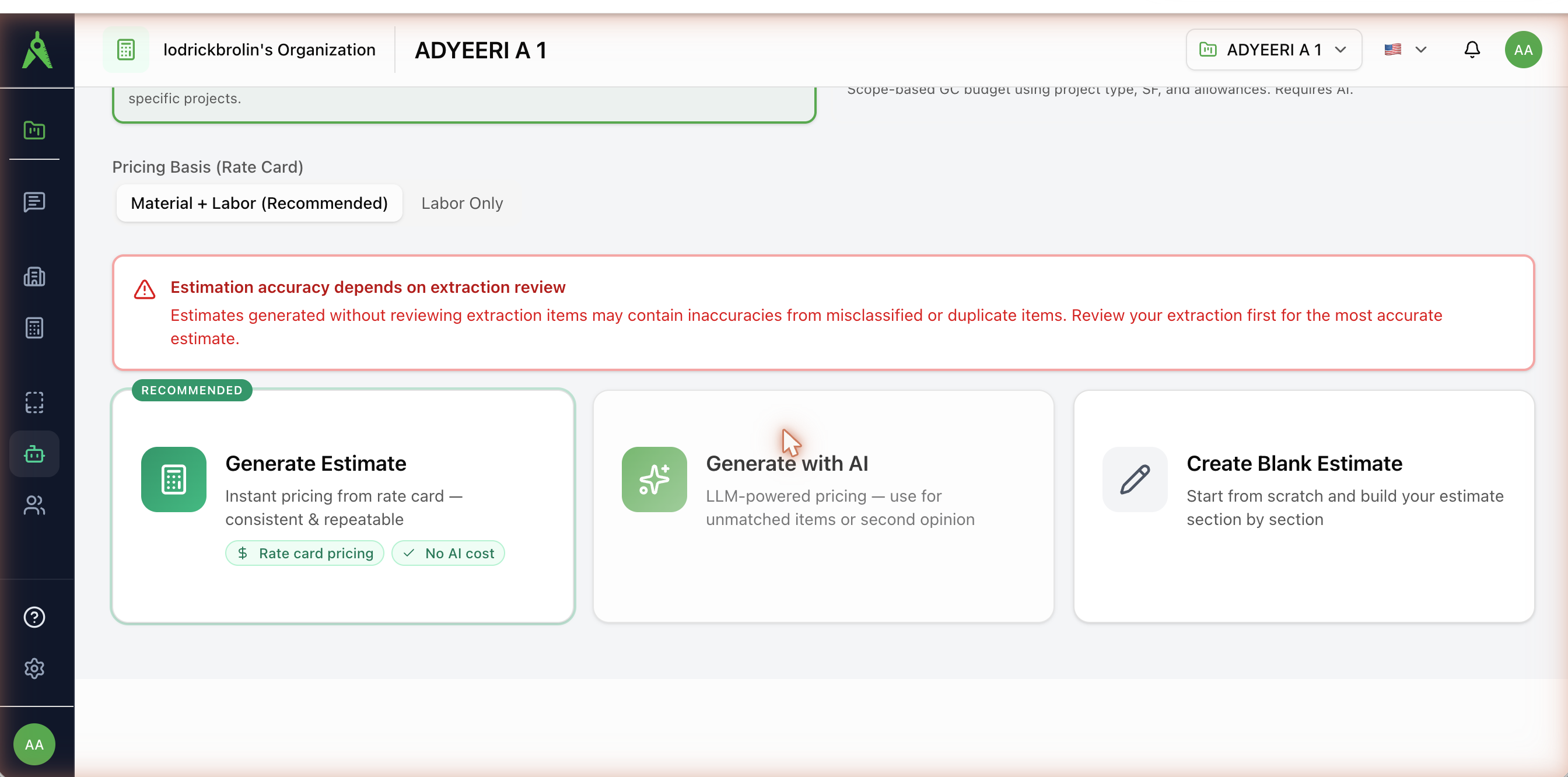 Generate options — from the rate card, with AI, or blank