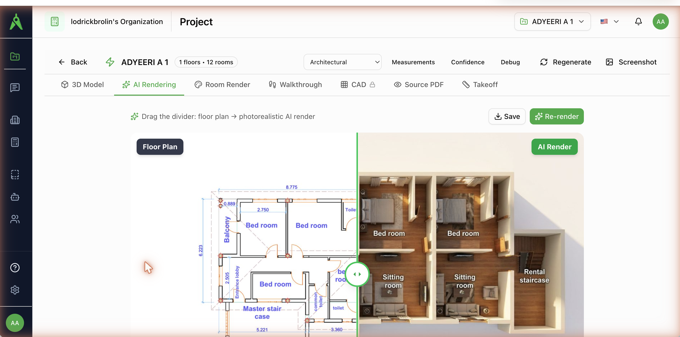 The interior project view with the AI-render slider