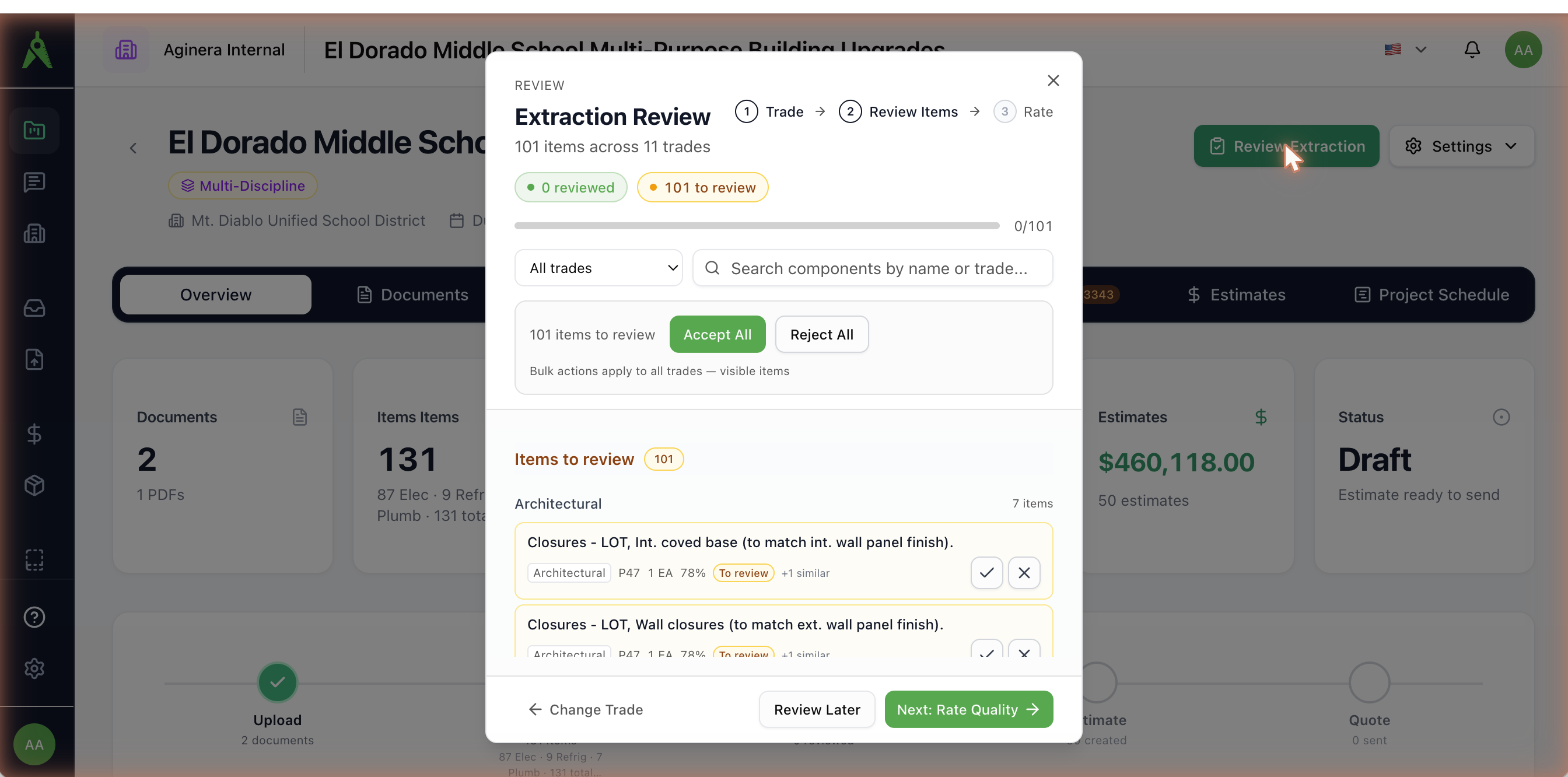 Extraction review: accept, reject, or correct detected items with confidence scores