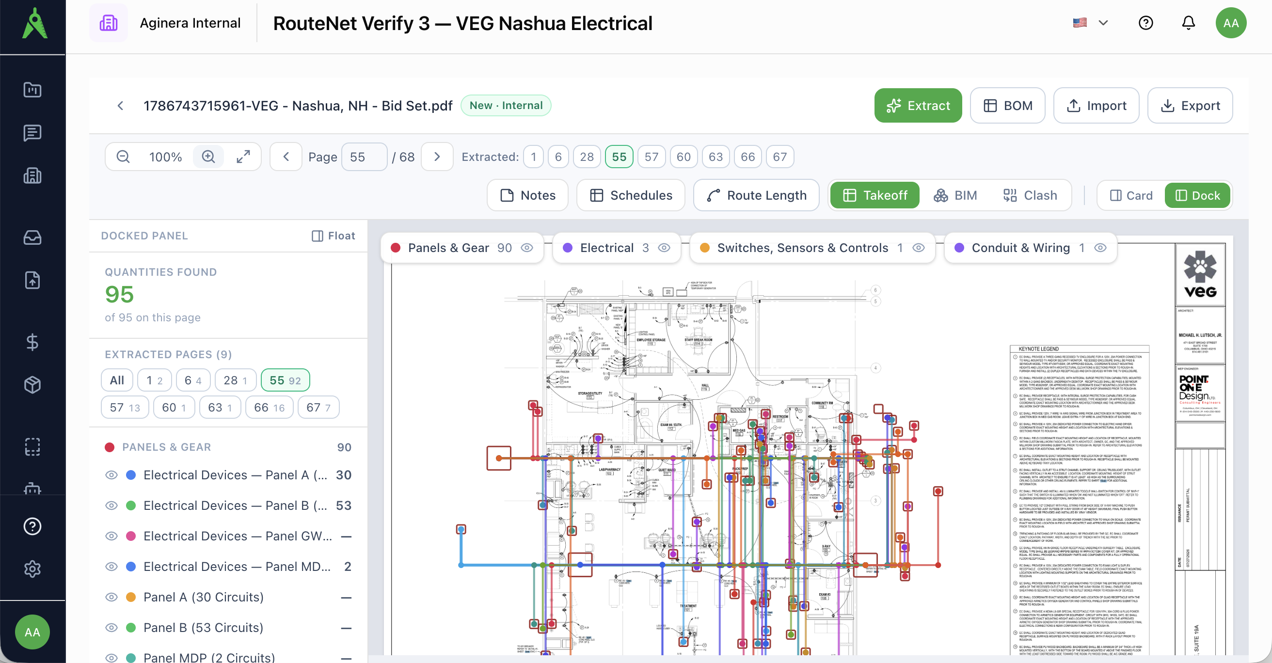 Traced circuit routes over an electrical plan, with device markers grouped by panel and circuit