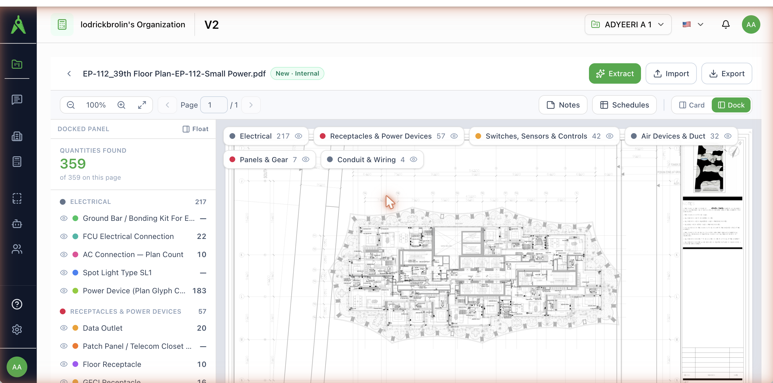 The AI Takeoff workspace: drawing on the right, colour-coded quantities on the left, trade chips across the top