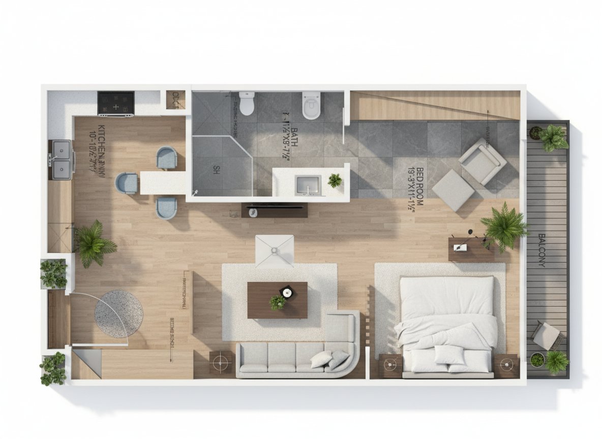 AI 3D dollhouse render of the 1BHK House floor plan