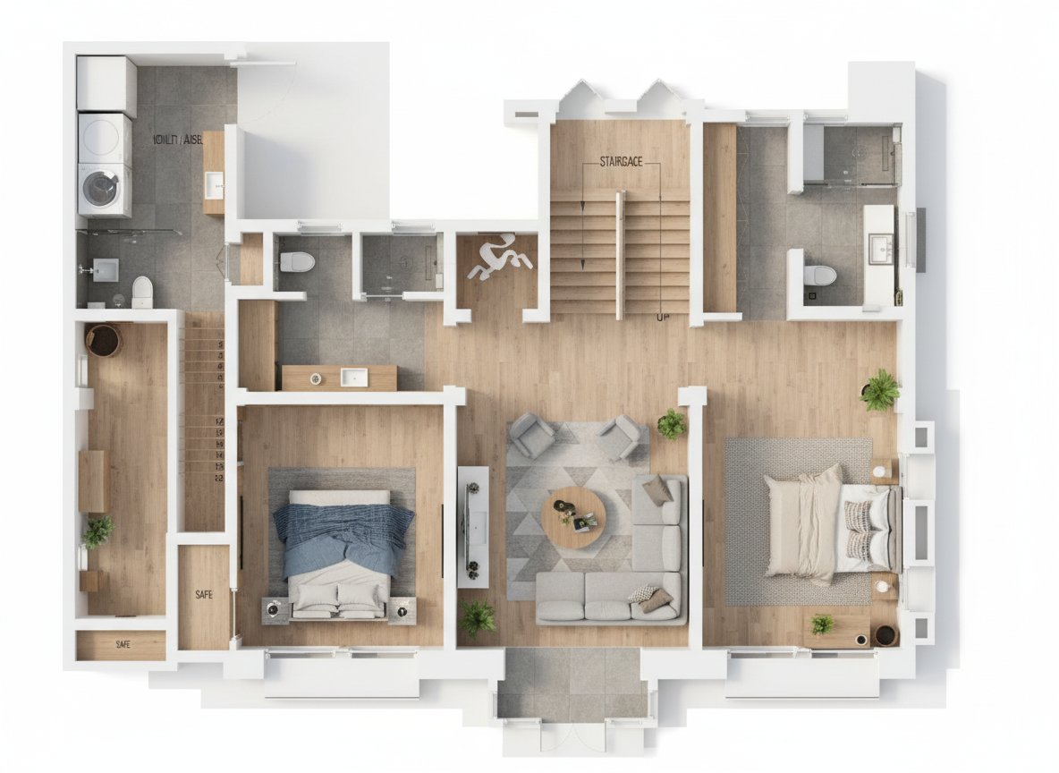 AI 3D dollhouse render of the Bungalow floor plan