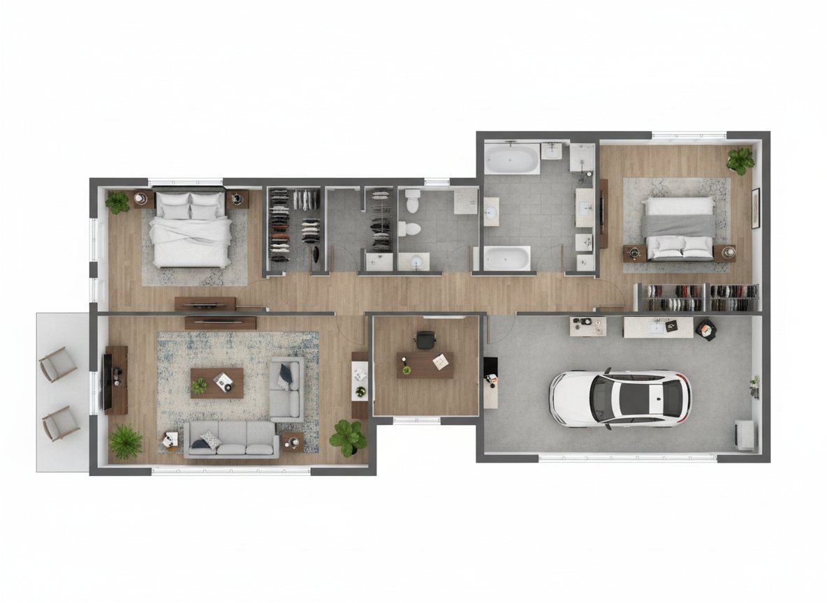 AI 3D dollhouse render of the Luxury Villa floor plan