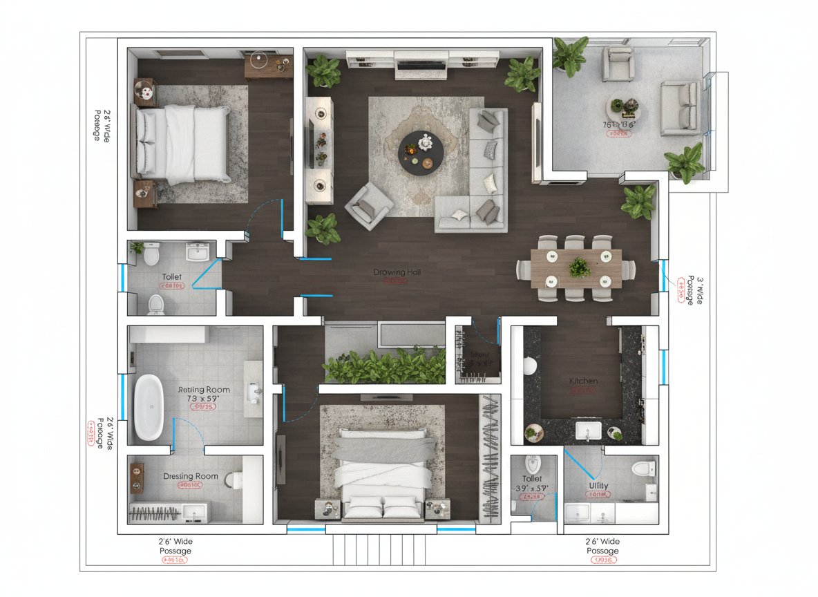 AI 3D dollhouse render of the Multi-Floor Residence floor plan