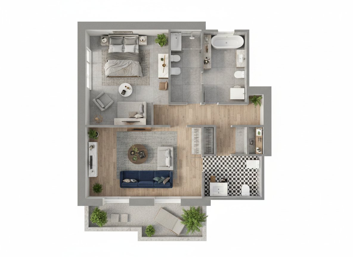 AI 3D dollhouse render of the Residential House floor plan