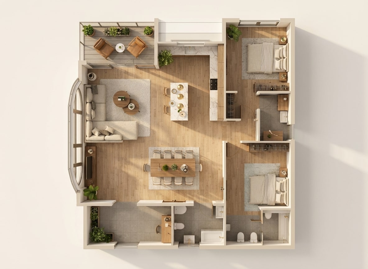 3D dollhouse of 2 BHK Apartment