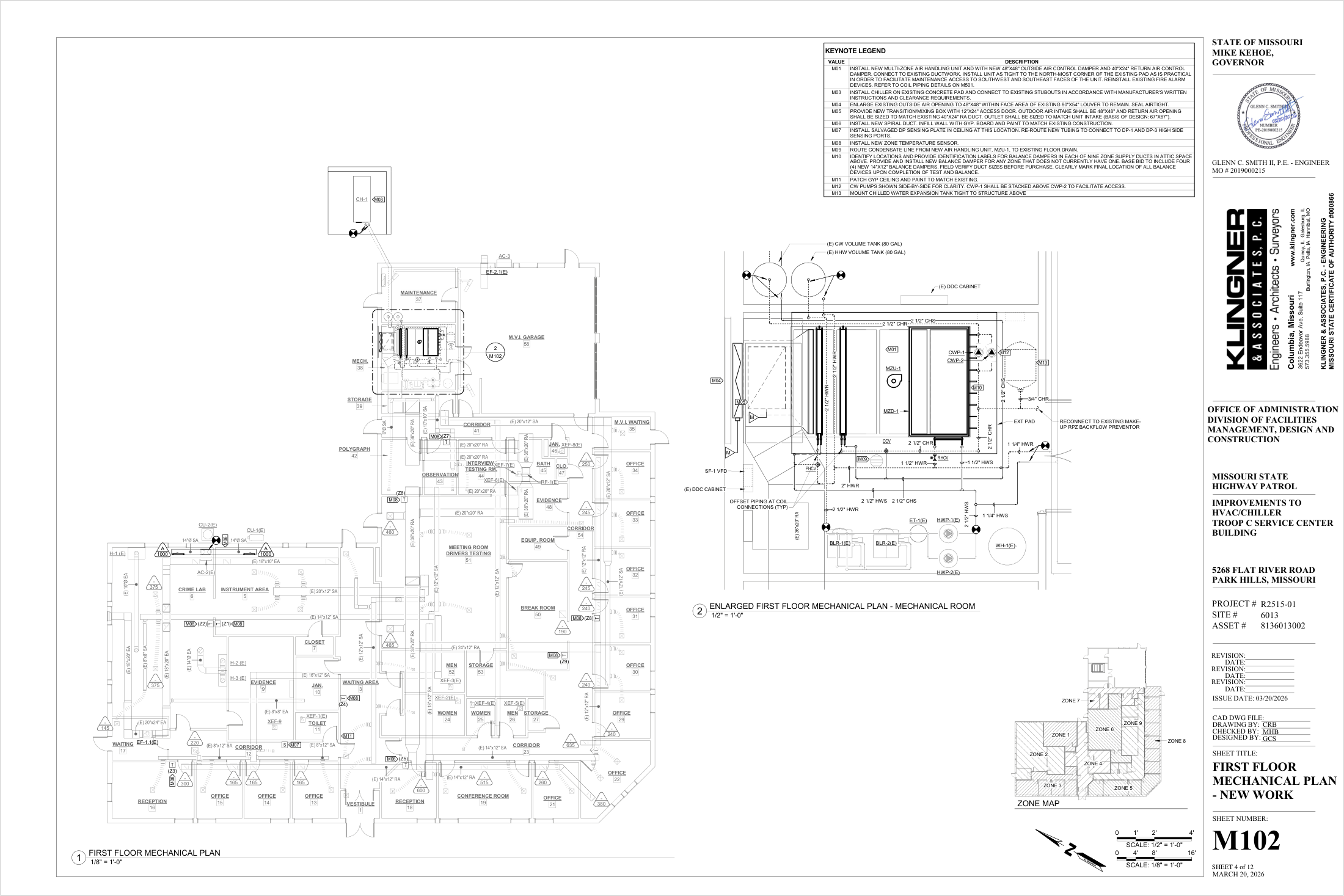 First floor mechanical plan, new work — multizone air handler, chiller, chilled-water pumps and zone dampers on a public bid set